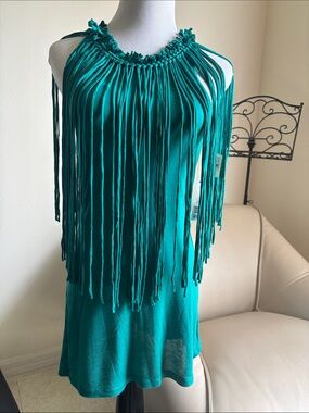 Fringe Halter Tank Top - Teal